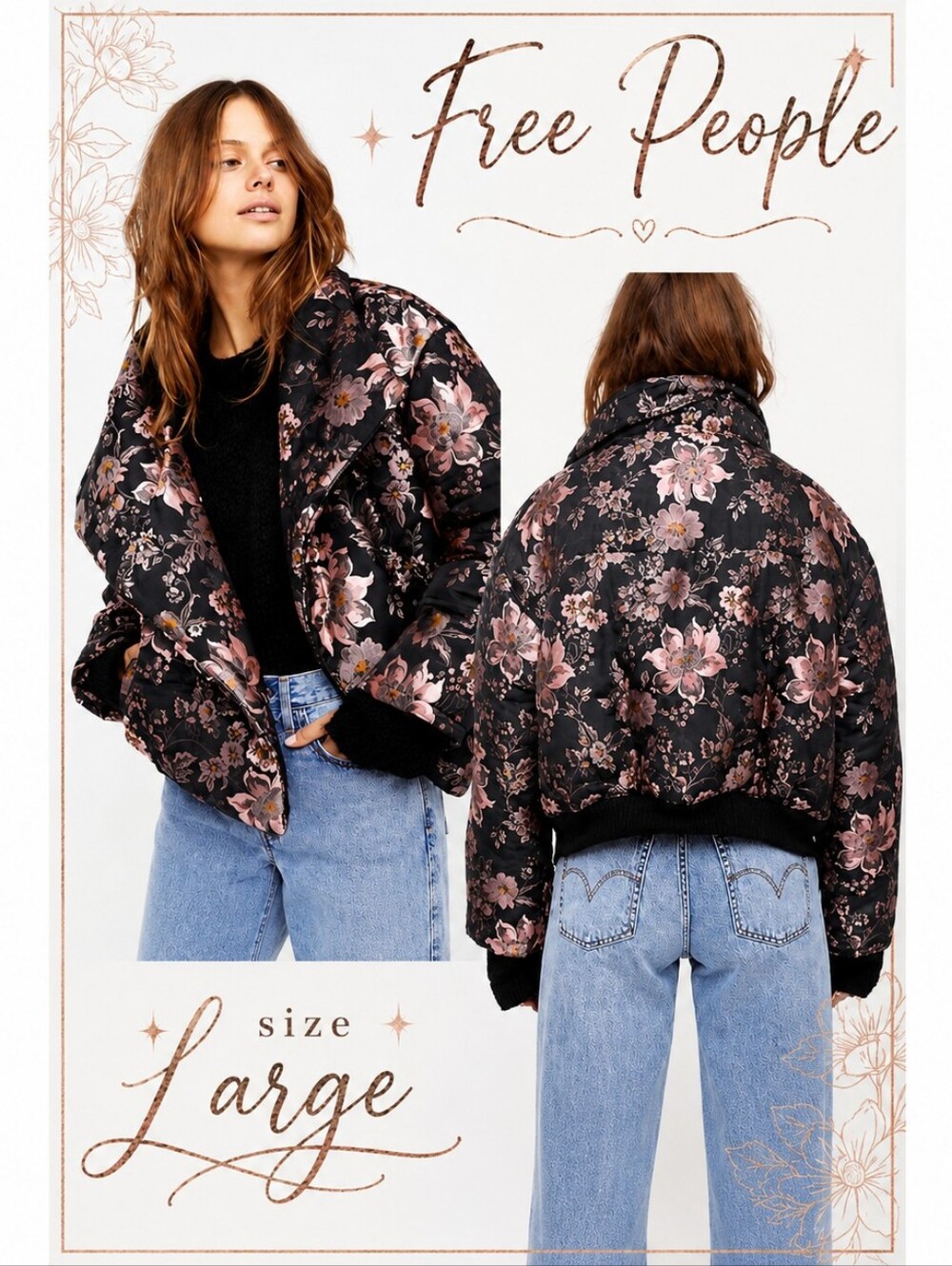 Free People Jacquard Floral Puffer Coat Black Pink Winter Ski L Boho FP